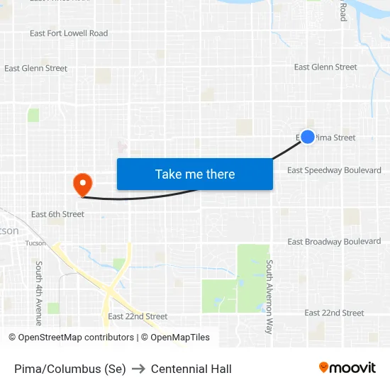 Pima/Columbus (Se) to Centennial Hall map