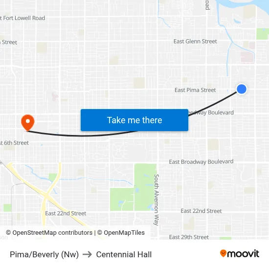 Pima/Beverly (Nw) to Centennial Hall map