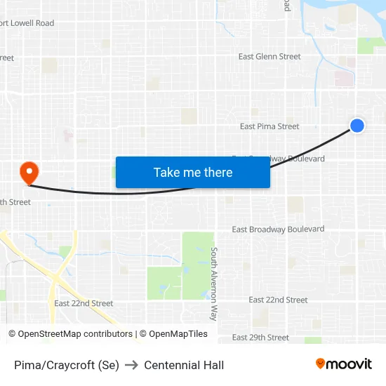 Pima/Craycroft (Se) to Centennial Hall map