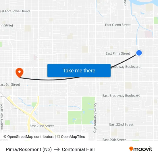 Pima/Rosemont (Ne) to Centennial Hall map