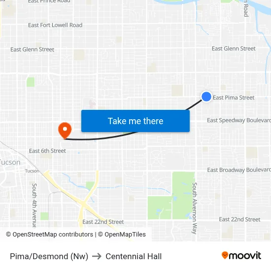 Pima/Desmond (Nw) to Centennial Hall map