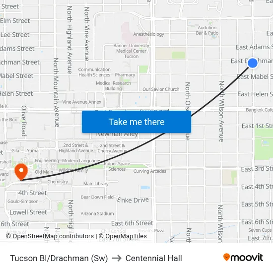Tucson Bl/Drachman (Sw) to Centennial Hall map