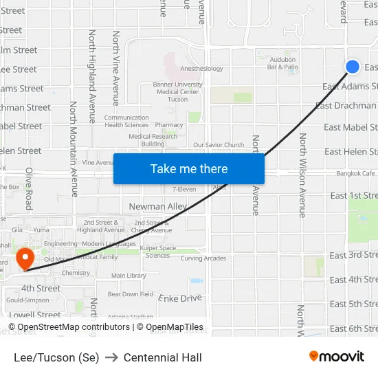 Lee/Tucson (Se) to Centennial Hall map