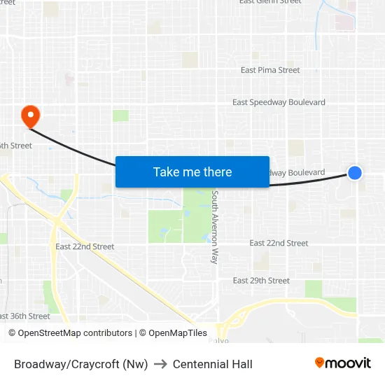 Broadway/Craycroft (Nw) to Centennial Hall map