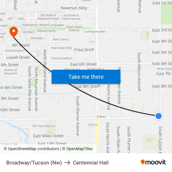 Broadway/Tucson (Nw) to Centennial Hall map