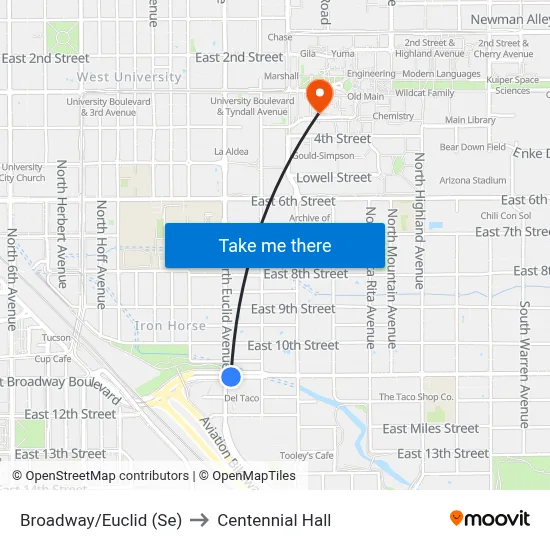 Broadway/Euclid (Se) to Centennial Hall map