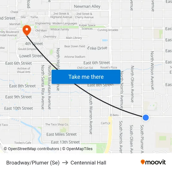 Broadway/Plumer (Se) to Centennial Hall map