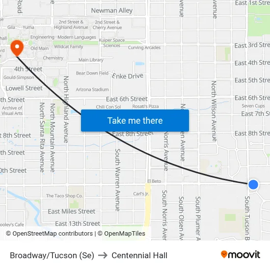 Broadway/Tucson (Se) to Centennial Hall map