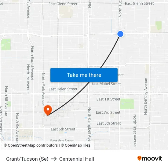 Grant/Tucson (Se) to Centennial Hall map