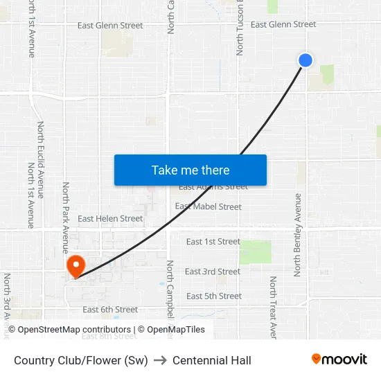 Country Club/Flower (Sw) to Centennial Hall map