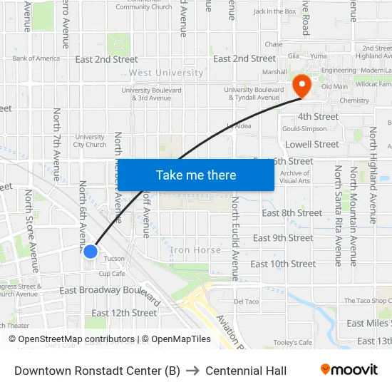 Downtown Ronstadt Center (B) to Centennial Hall map