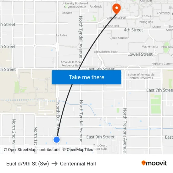 Euclid/9th St (Sw) to Centennial Hall map