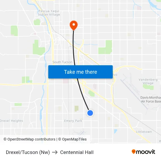 Drexel/Tucson (Nw) to Centennial Hall map