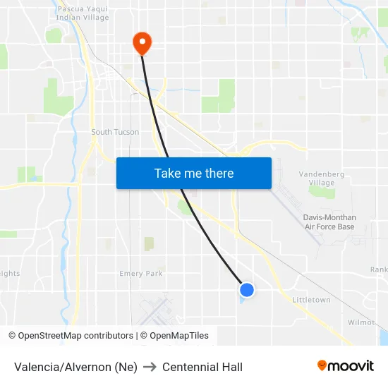 Valencia/Alvernon (Ne) to Centennial Hall map
