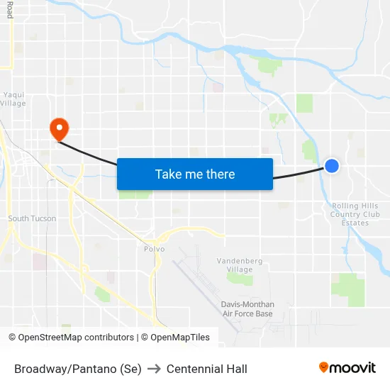 Broadway/Pantano (Se) to Centennial Hall map