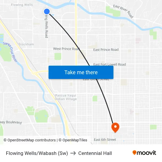 Flowing Wells/Wabash (Sw) to Centennial Hall map