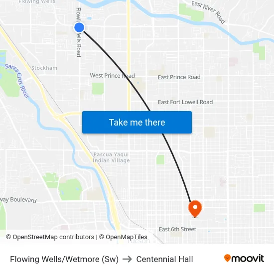 Flowing Wells/Wetmore (Sw) to Centennial Hall map