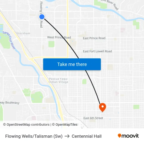 Flowing Wells/Talisman (Sw) to Centennial Hall map