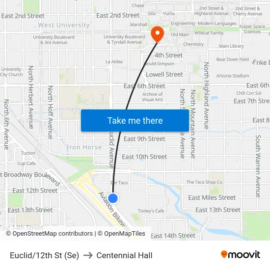 Euclid/12th St (Se) to Centennial Hall map