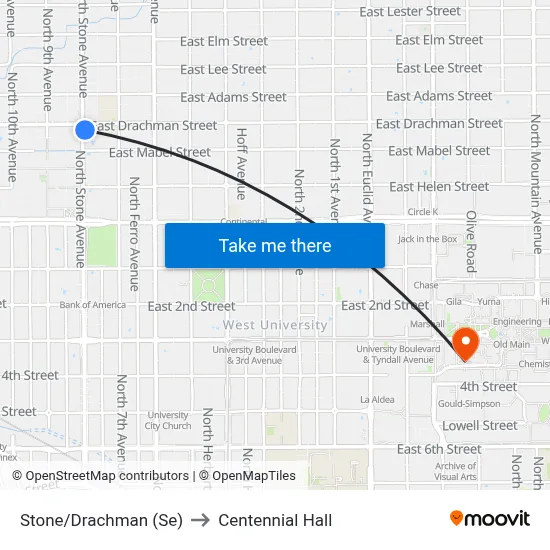 Stone/Drachman (Se) to Centennial Hall map