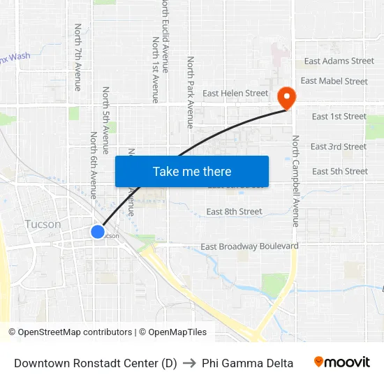 Downtown Ronstadt Center (D) to Phi Gamma Delta map
