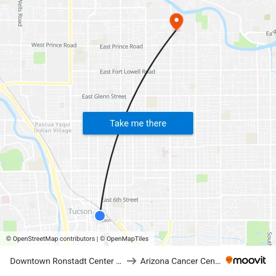 Downtown Ronstadt Center (D) to Arizona Cancer Center map
