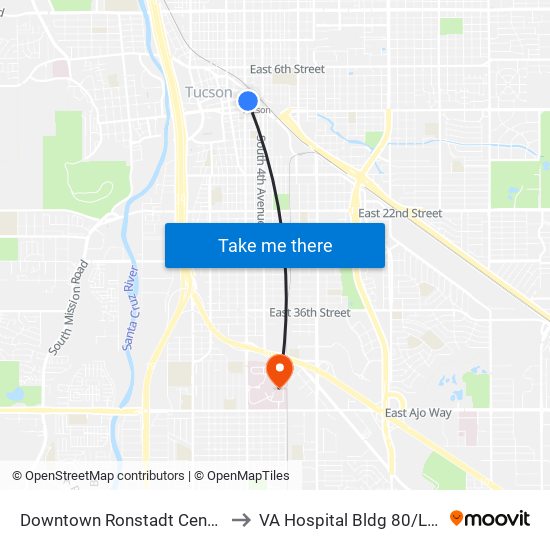 Downtown Ronstadt Center to VA Hospital Bldg 80/Lab map