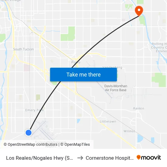 Los Reales/Nogales Hwy (Sw) to Cornerstone Hospital map