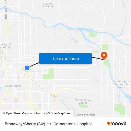 Broadway/Cherry (Sw) to Cornerstone Hospital map
