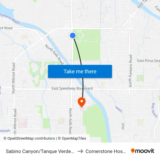Sabino Canyon/Tanque Verde (Se) to Cornerstone Hospital map
