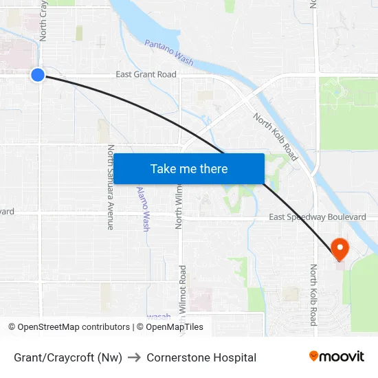 Grant/Craycroft (Nw) to Cornerstone Hospital map