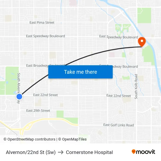 Alvernon/22nd St (Sw) to Cornerstone Hospital map