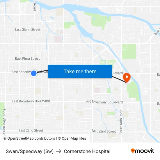 Swan/Speedway (Sw) to Cornerstone Hospital map