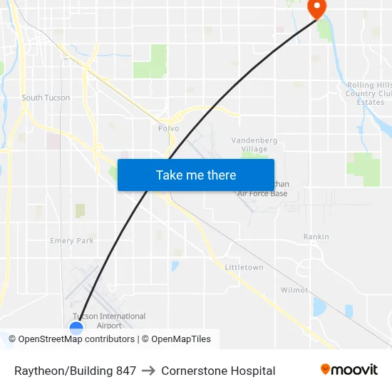 Raytheon/Building 847 to Cornerstone Hospital map