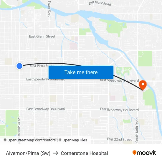 Alvernon/Pima (Sw) to Cornerstone Hospital map