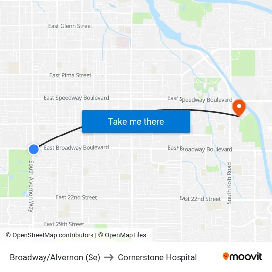 Broadway/Alvernon (Se) to Cornerstone Hospital map
