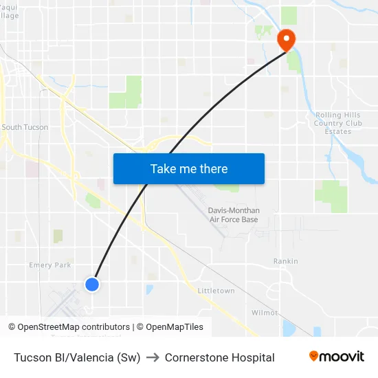 Tucson Bl/Valencia (Sw) to Cornerstone Hospital map