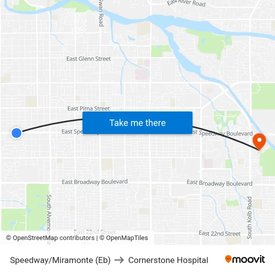 Speedway/Miramonte (Eb) to Cornerstone Hospital map