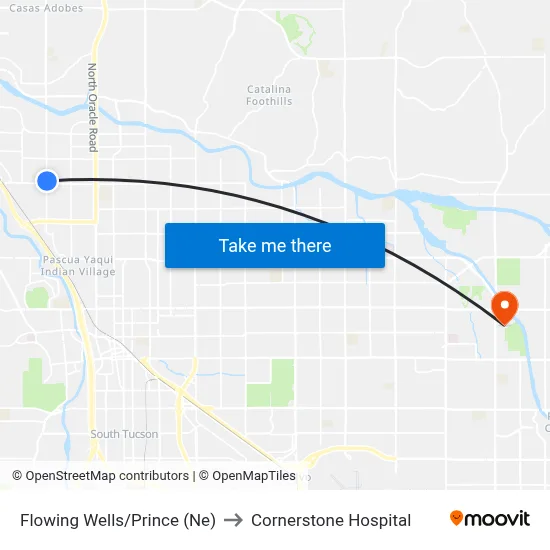 Flowing Wells/Prince (Ne) to Cornerstone Hospital map