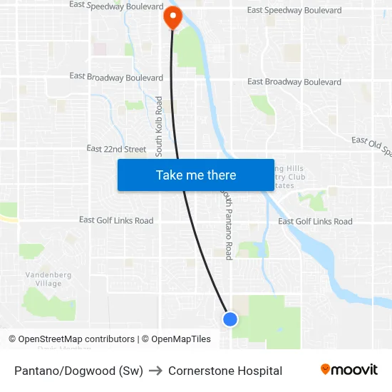 Pantano/Dogwood (Sw) to Cornerstone Hospital map