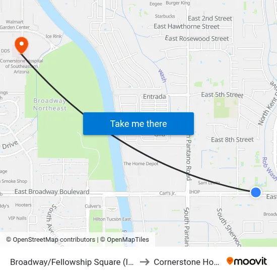 Broadway/Fellowship Square (In Front) to Cornerstone Hospital map