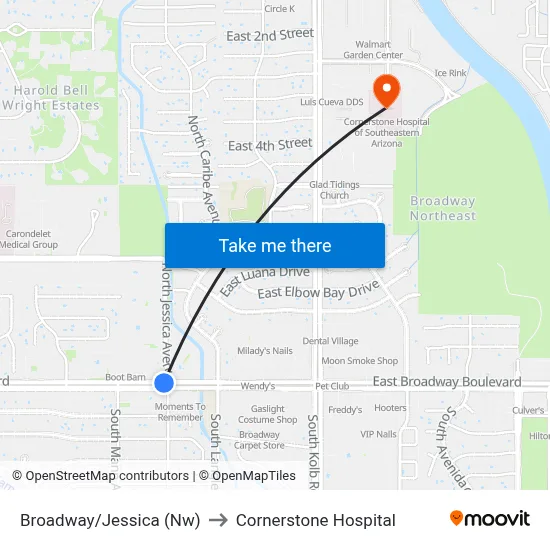 Broadway/Jessica (Nw) to Cornerstone Hospital map
