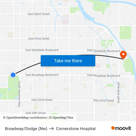 Broadway/Dodge (Nw) to Cornerstone Hospital map