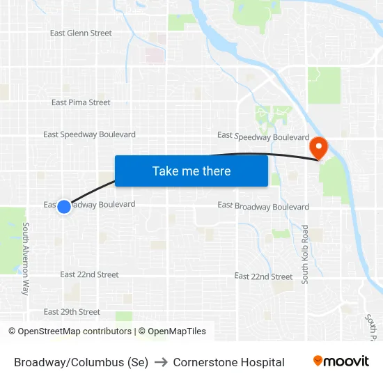 Broadway/Columbus (Se) to Cornerstone Hospital map