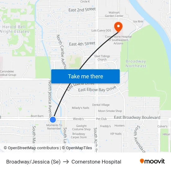 Broadway/Jessica (Se) to Cornerstone Hospital map