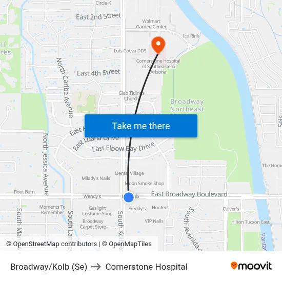 Broadway/Kolb (Se) to Cornerstone Hospital map