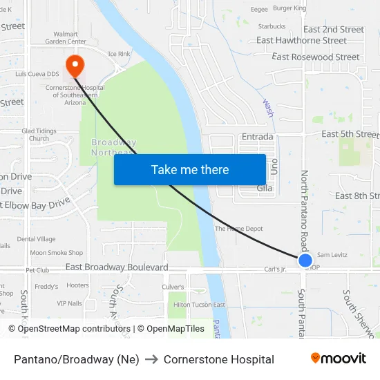 Pantano/Broadway (Ne) to Cornerstone Hospital map