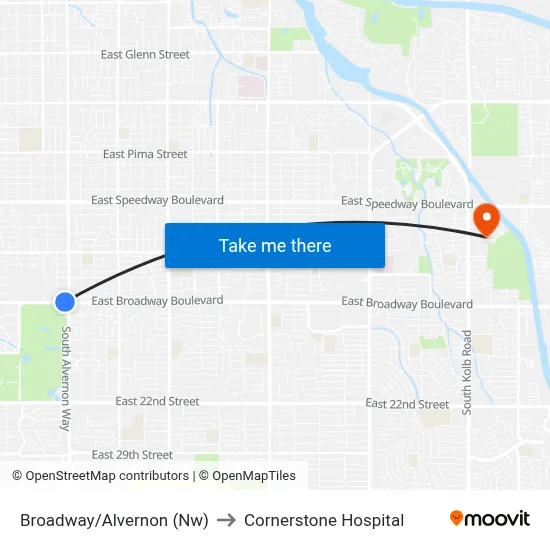 Broadway/Alvernon (Nw) to Cornerstone Hospital map