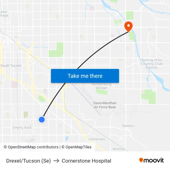 Drexel/Tucson (Se) to Cornerstone Hospital map