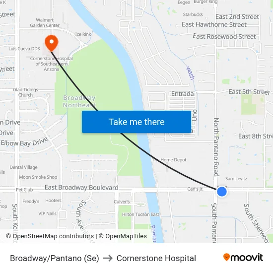 Broadway/Pantano (Se) to Cornerstone Hospital map
